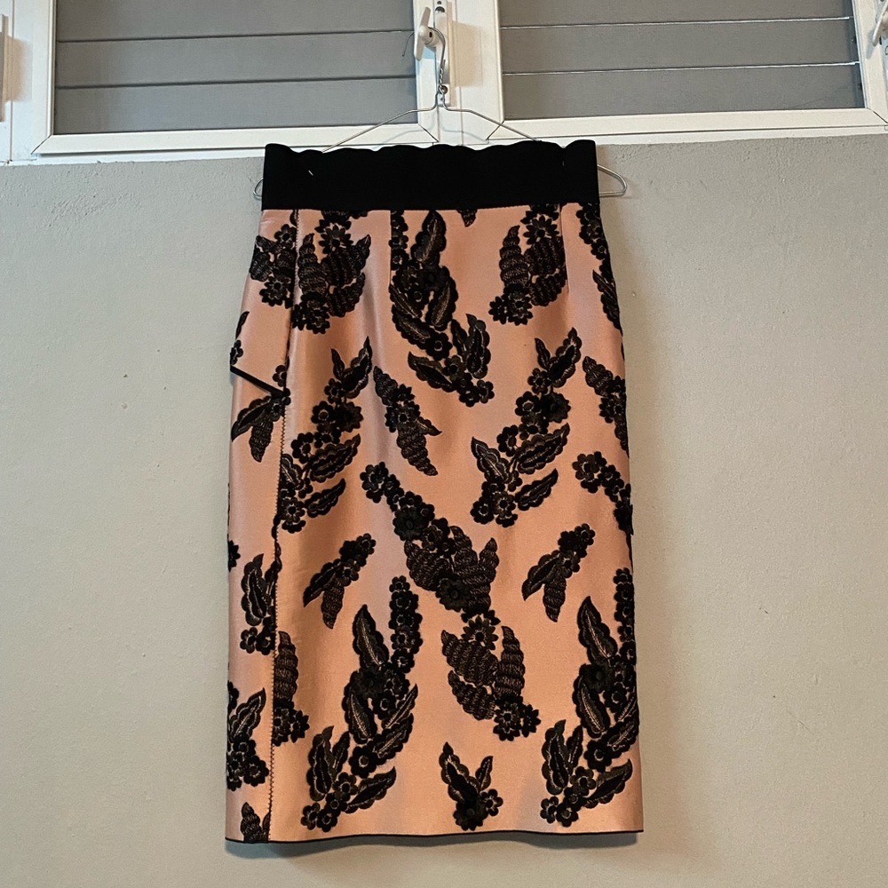 Marc Jacobs Black and Blush Embroidered Pencil Skirt with Bustle Ruffle
